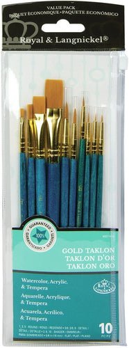 Royal & Langnickel All Media Brush Value Pack Short Handle Gold Taklon 10pc